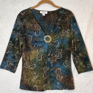 Y2K Boho Paisley Stretch Top V Neck Gold Ring PM Made USA Forest Mystic Artsy